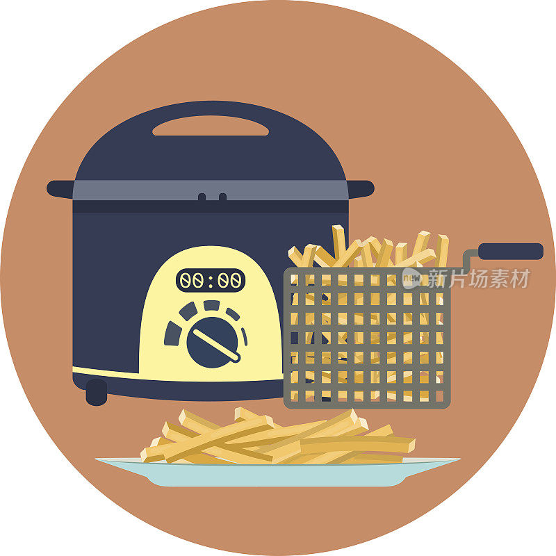 Flat vector fryer withplate of hot tasty french fries symbol